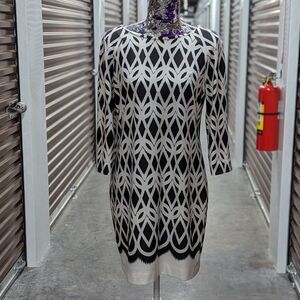 Anthropologie Just Taylor 10 Black White Scalloped Print Shift Dress Art Deco